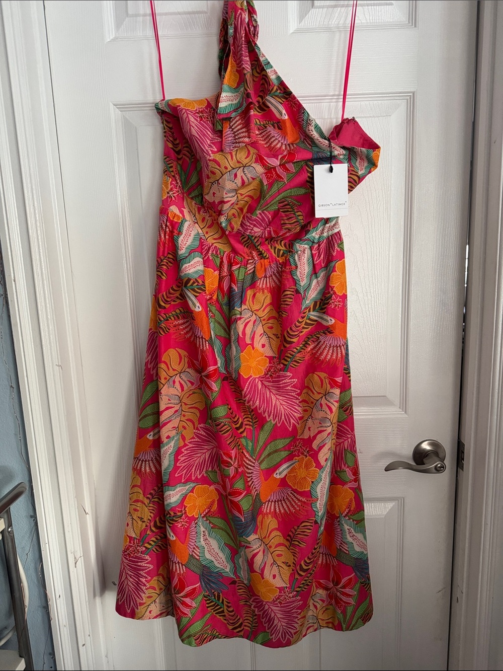 Gibson halter Tropical Floral Dress in Fuchsia and Orange